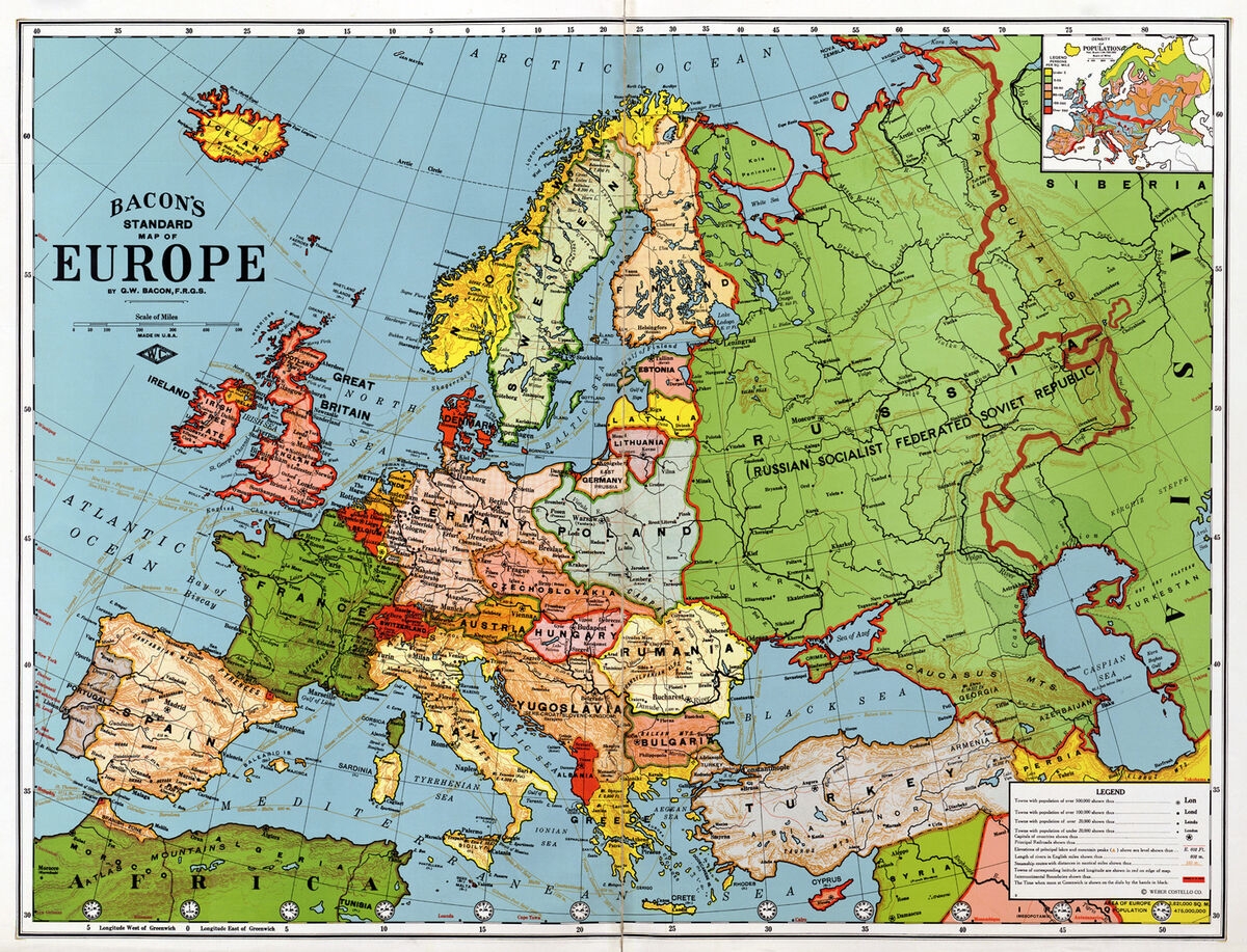 1920 Bacon s Standard Wall Map Of Europe Art Poster Print Decor Vintage History EBay