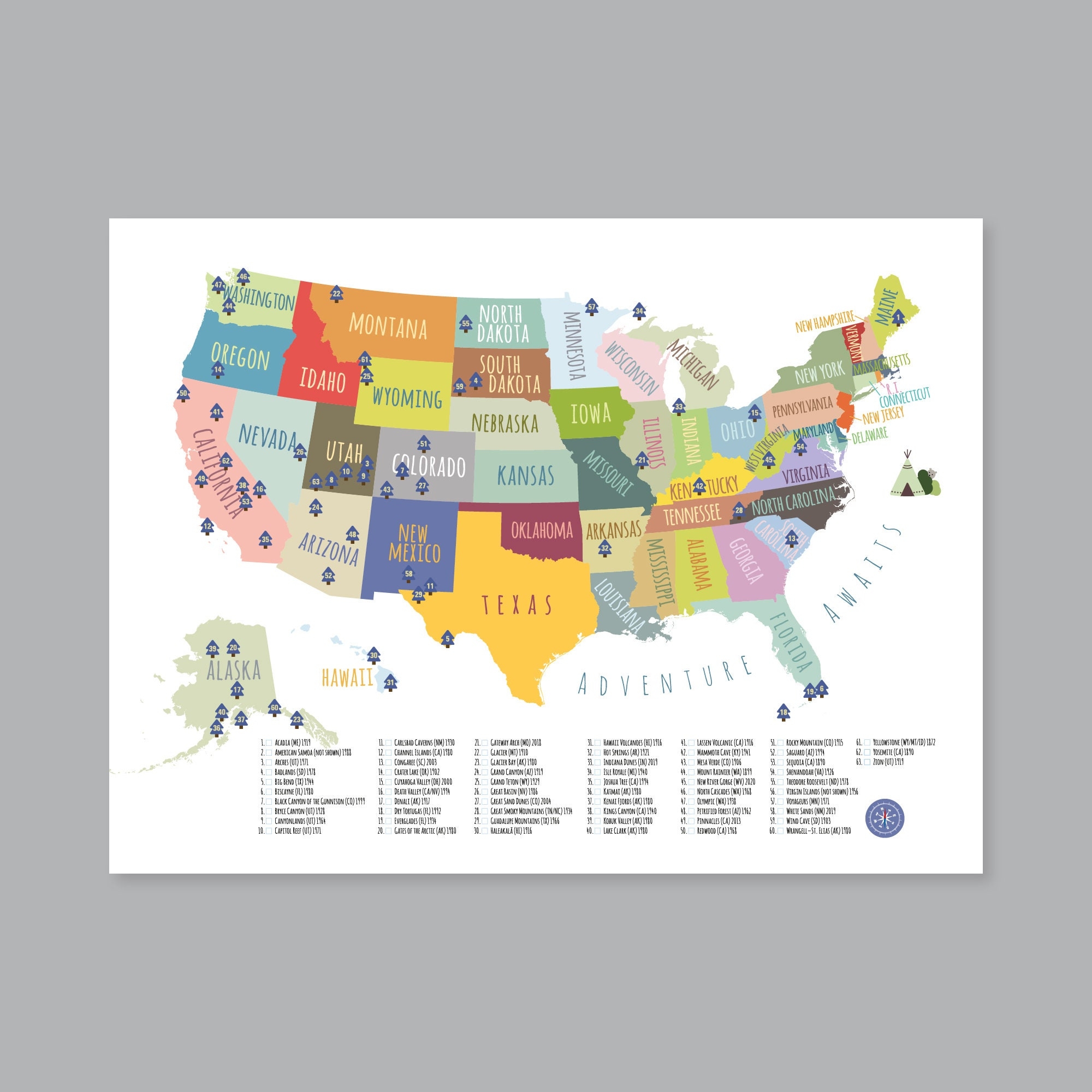 63 National Parks Karte USA DRUCKBARE Karte USA National Parks Karte Kinderzimmer Dekoration 63 National Parks P395 Etsy de