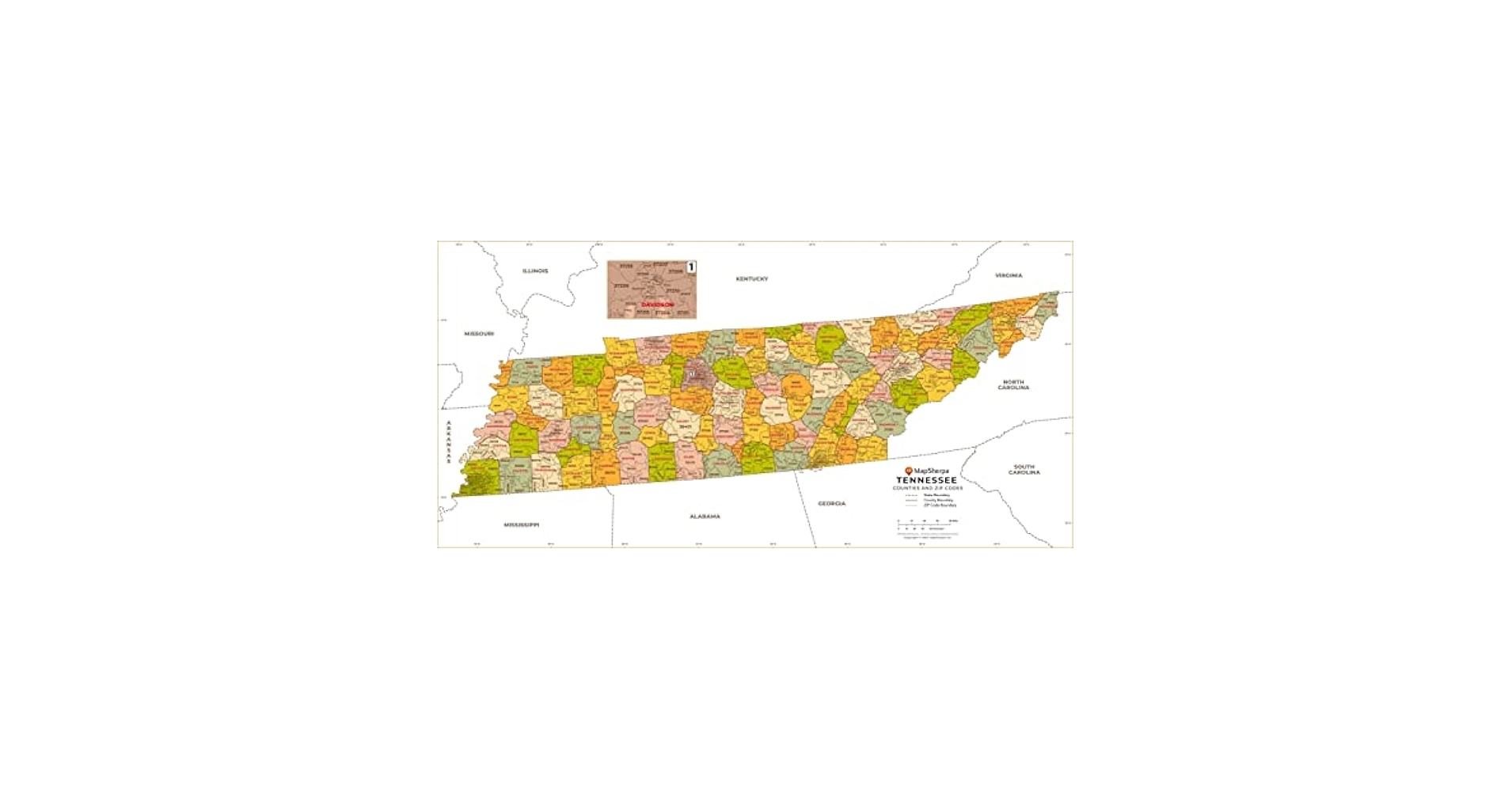Amazon Tennessee ZIP Code Map With Counties Extra Large 60 X 29 25 Rolled Canvas Office Products