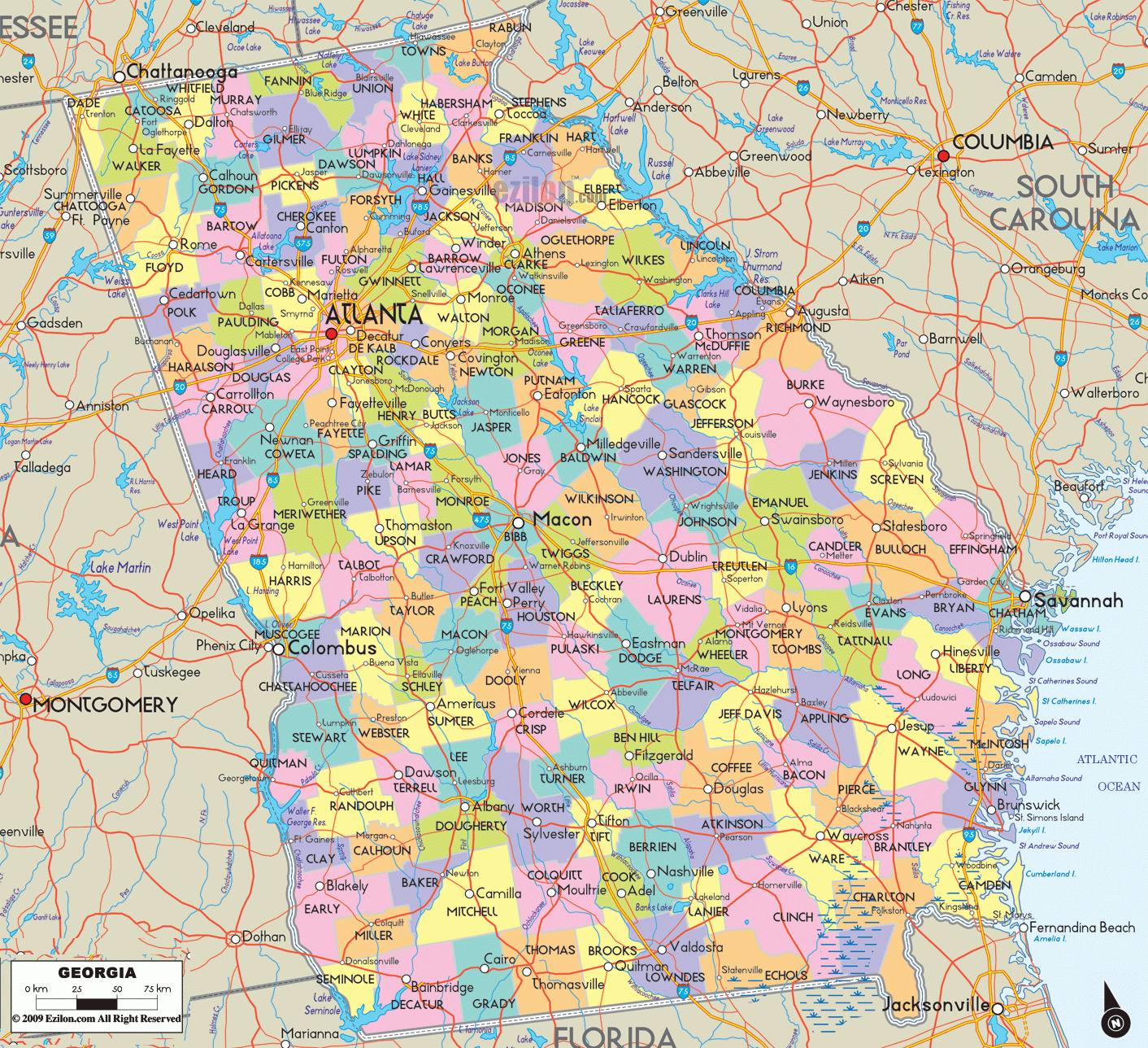 Detailed Map Of Georgia State USA Ezilon Maps