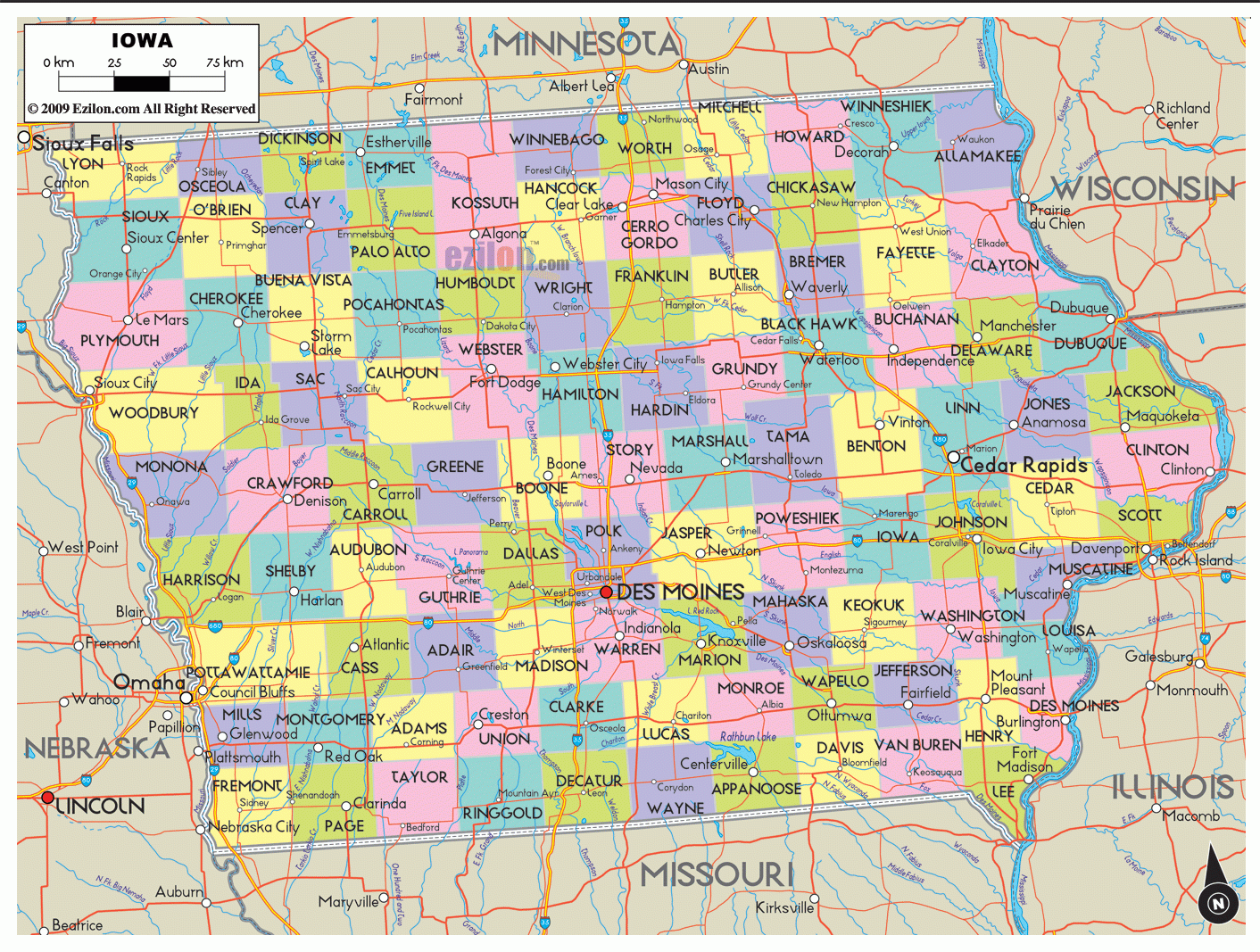 Detailed Map Of Iowa State Ezilon Maps