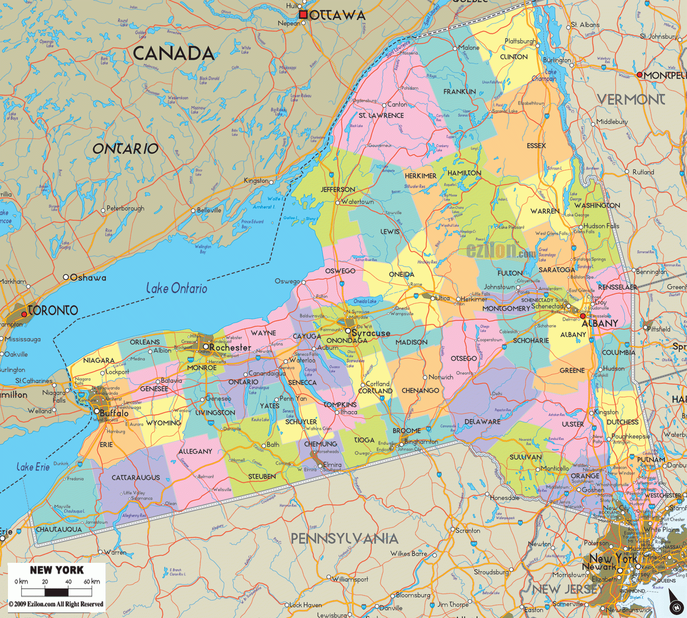 Detailed Map Of New York State USA Ezilon Maps