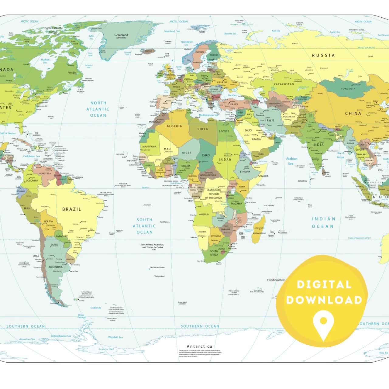 Digital World Political Map Printable Political Map World Map Poster Countries Of The World World Wall Art Poster World Map Etsy