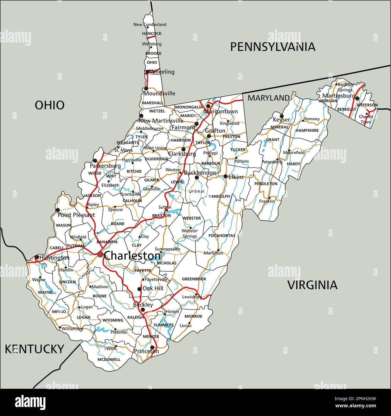 High Detailed West Virginia Road Map With Labeling Stock Vector Image Art Alamy