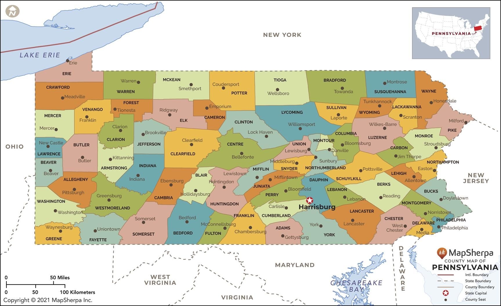 Pennsylvania Counties Map Standard Map Stanfords