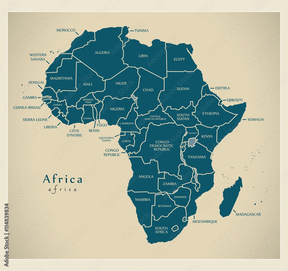 Poster Modern Map Africa Continent With Country Labels Wall Art UkPosters