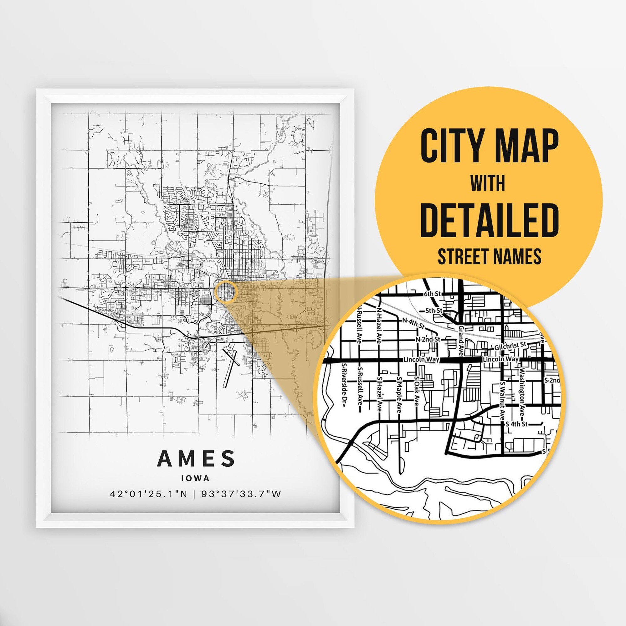 Printable Map Of Ames Iowa USA With Street Names Instant Download City Map Travel Gift City Poster Road Map Print Wall Art Etsy