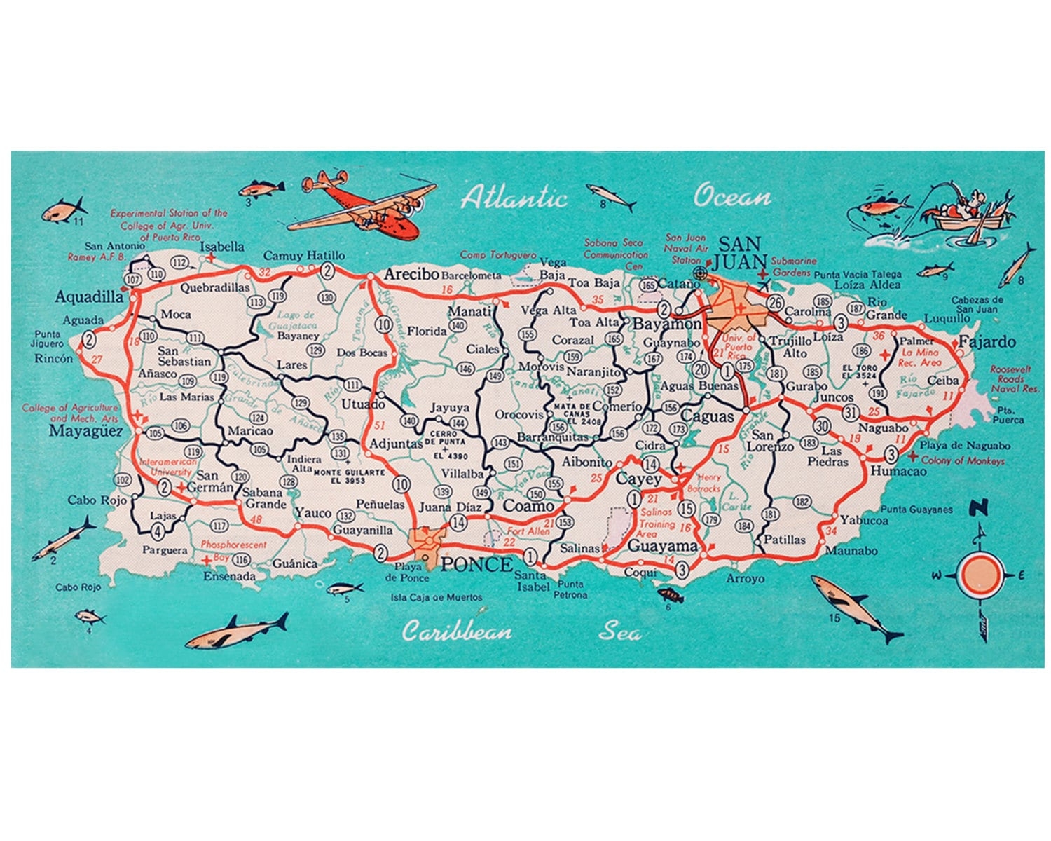 Puerto Rico Retro Beach Map Panoramic Print Funky Vintage Turquoise Photo Moving Housewarming Gift San Juan Etsy UK