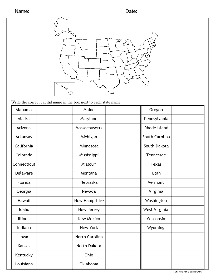 Map With States And Capitals Printable