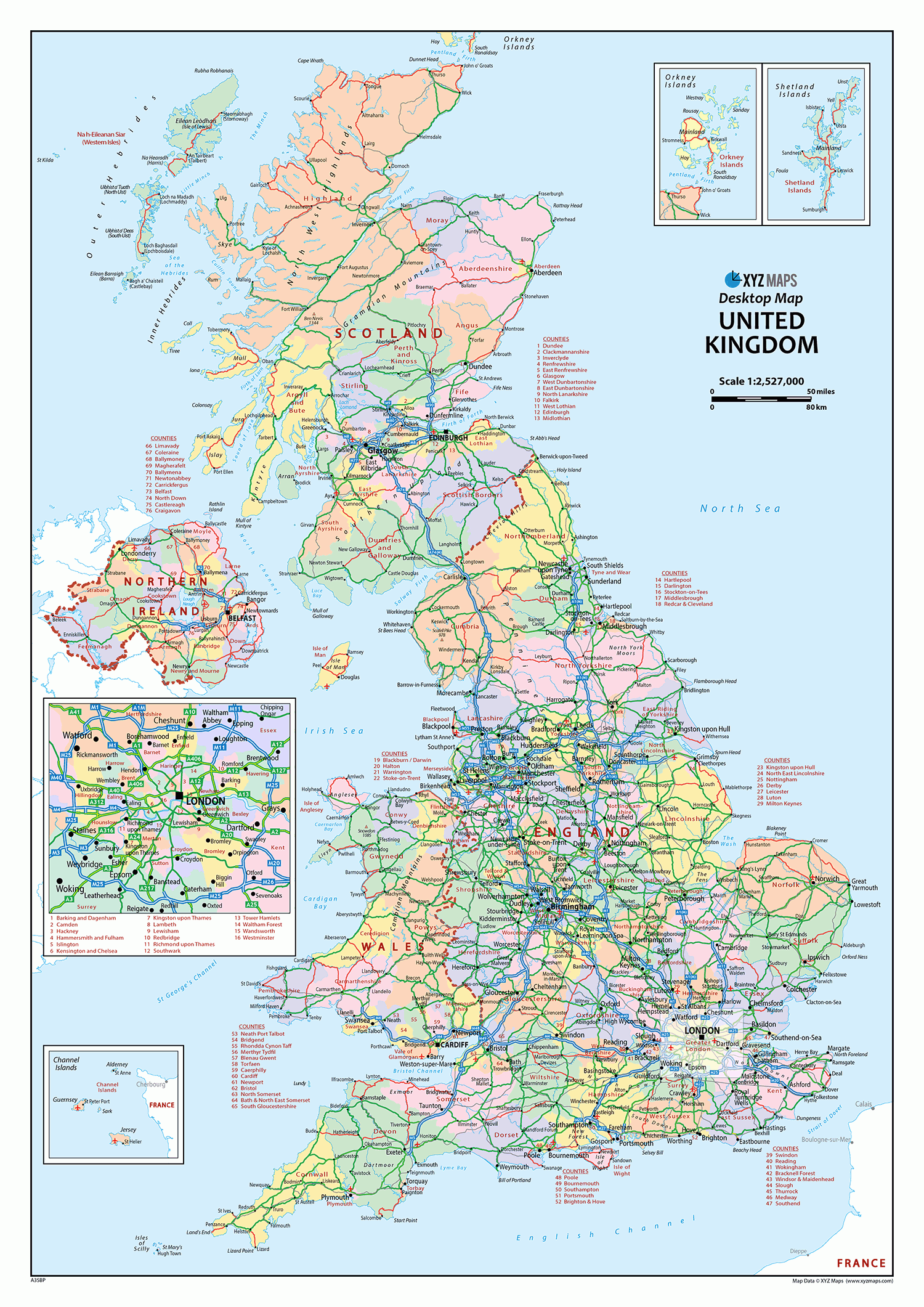 United Kingdom Political Desktop Map A3 Size XYZ Maps