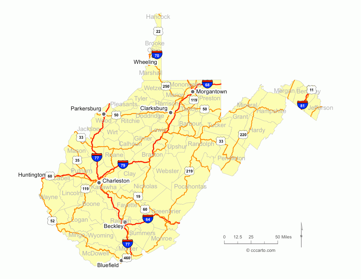 West Virginia s Roads West Virginia s Interstates And Hwys Map CCCarto