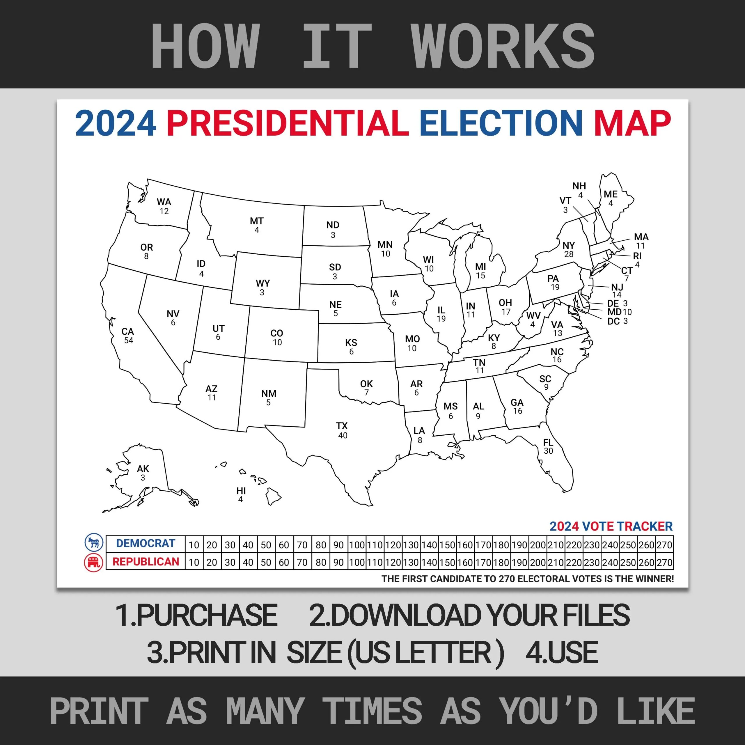 2024 Presidential Election Map Electoral College Map For Election Night Electoral Map For Election Results Election Watch Party Game Etsy