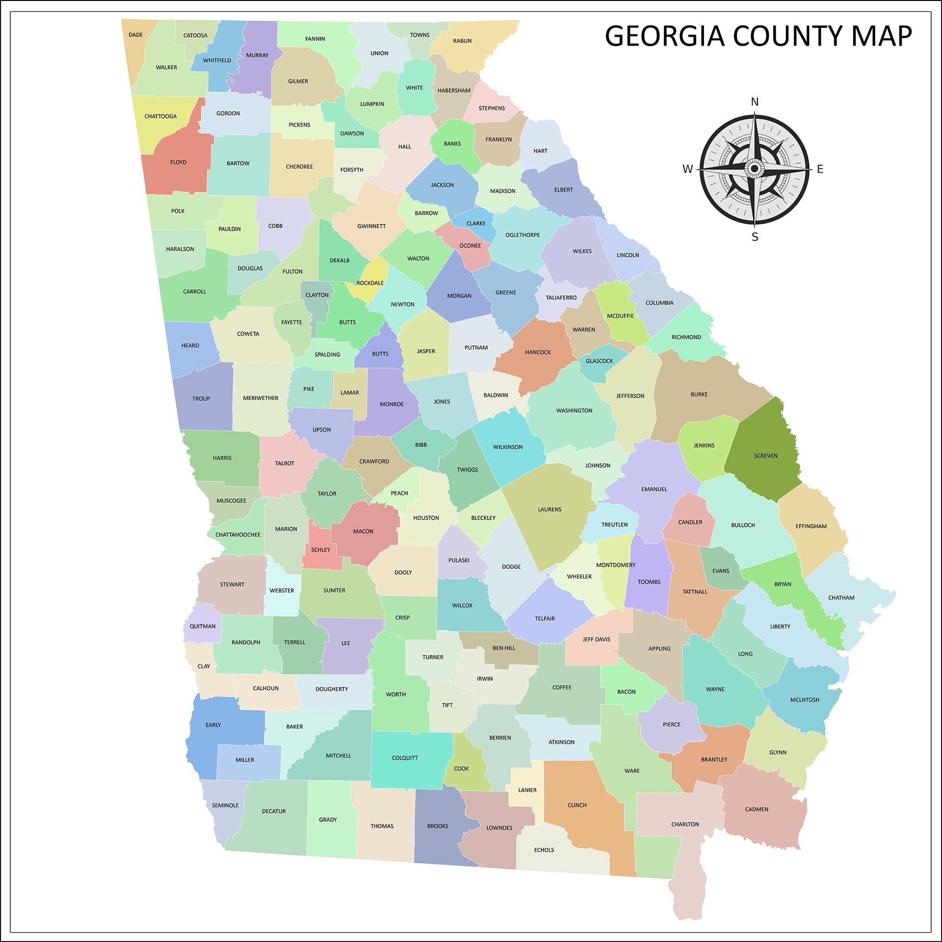 24x24in Georgia County Map Laminated Worksheets Library