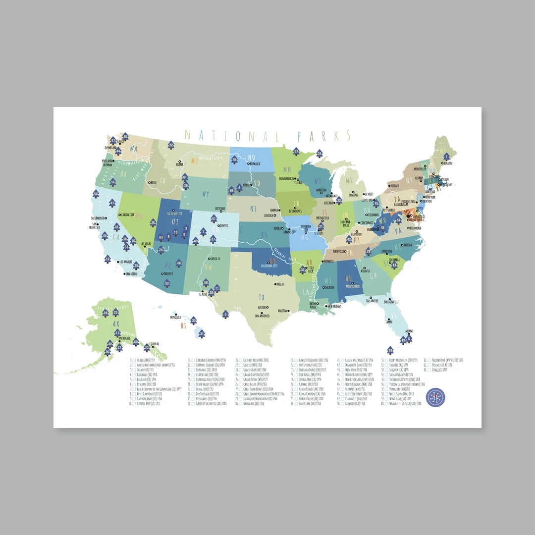 63 US National Parks Karte DRUCKBARE Karte Abenteuer Karte US National Park Karte Kinderzimmer Wohnkultur 63 US National Parks P420B Etsy de
