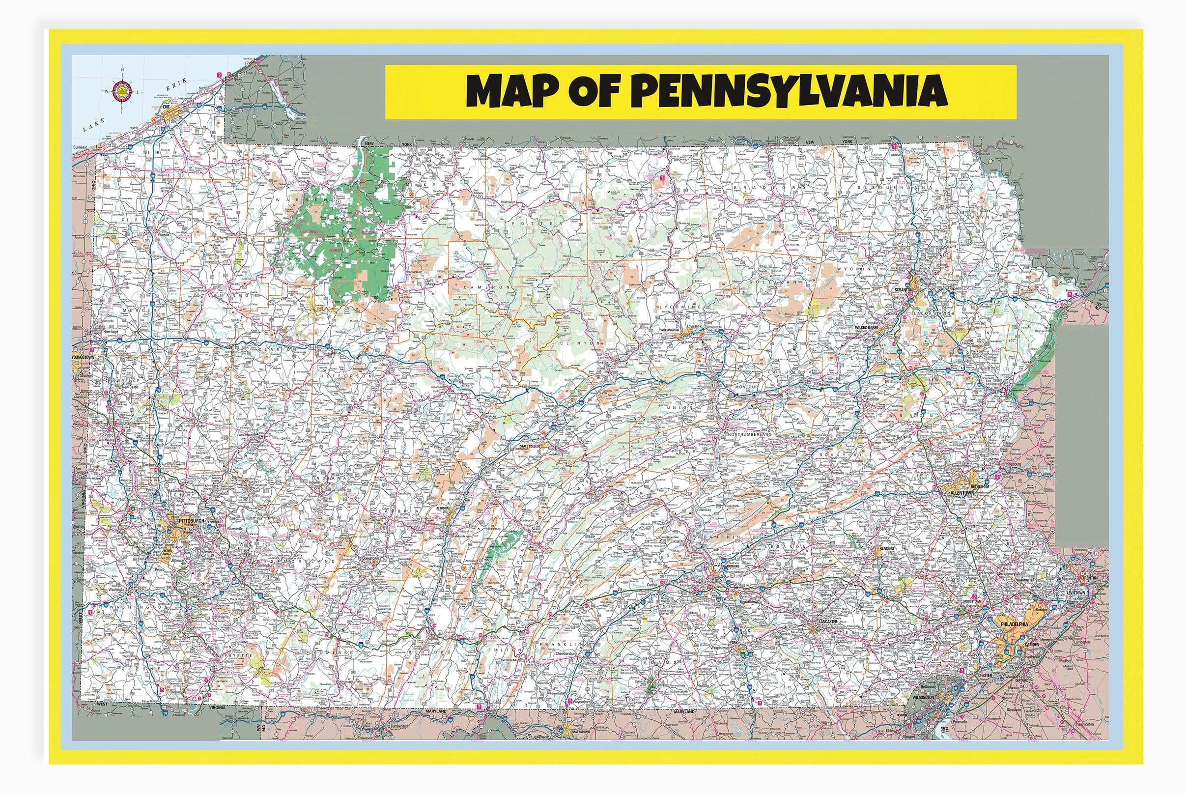 Amazon 20x30 Map Of Pennsylvania Large Detailed Roads And Highways Map Of Pennsylvania State With All Cities Parks And Landmarks Laminated 