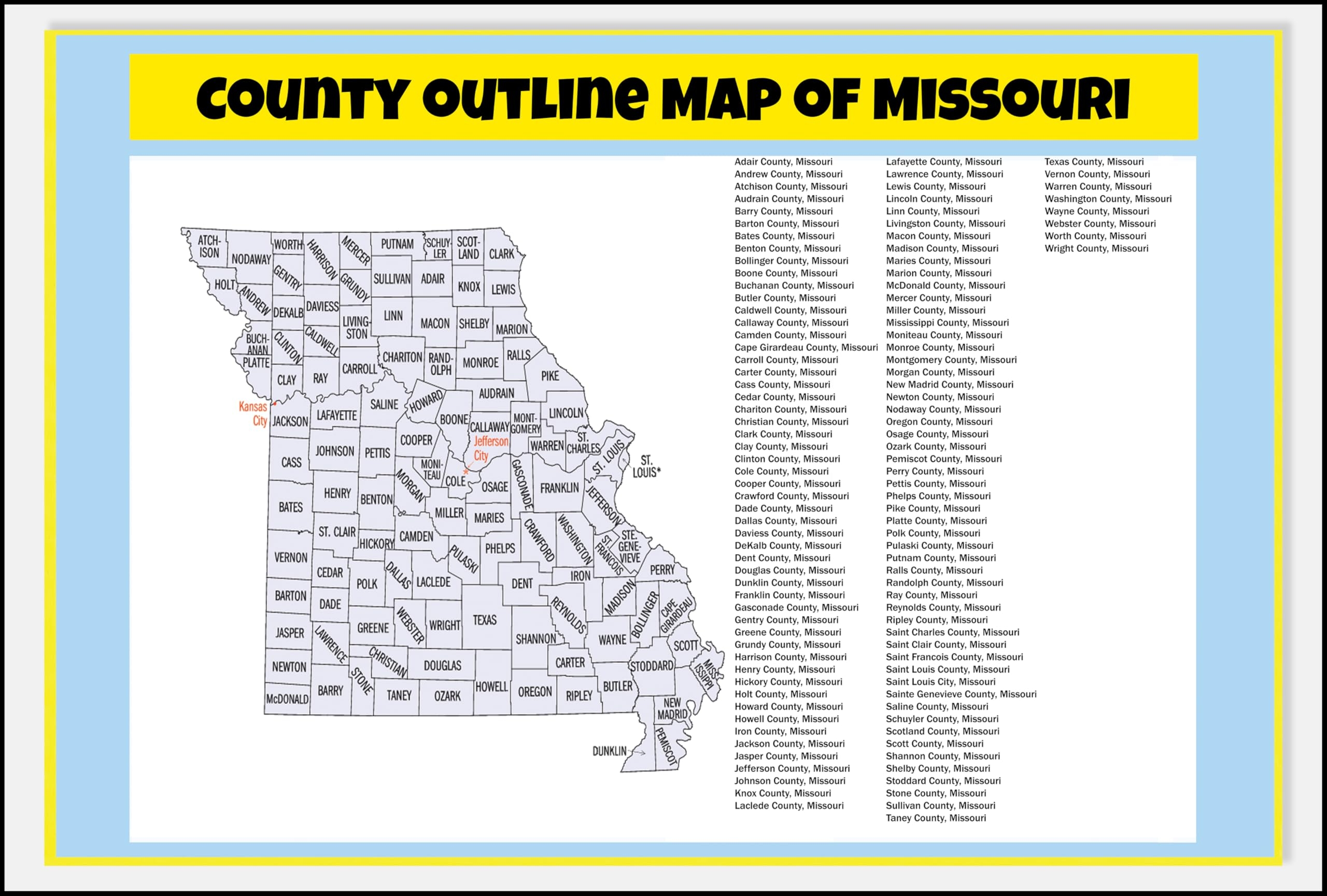 Amazon County Outline Map Of Missouri With Counties 36x60 Glossy Heavy Paper Wall Map Poster Print Perfect For Classrooms And Homes Vivid 