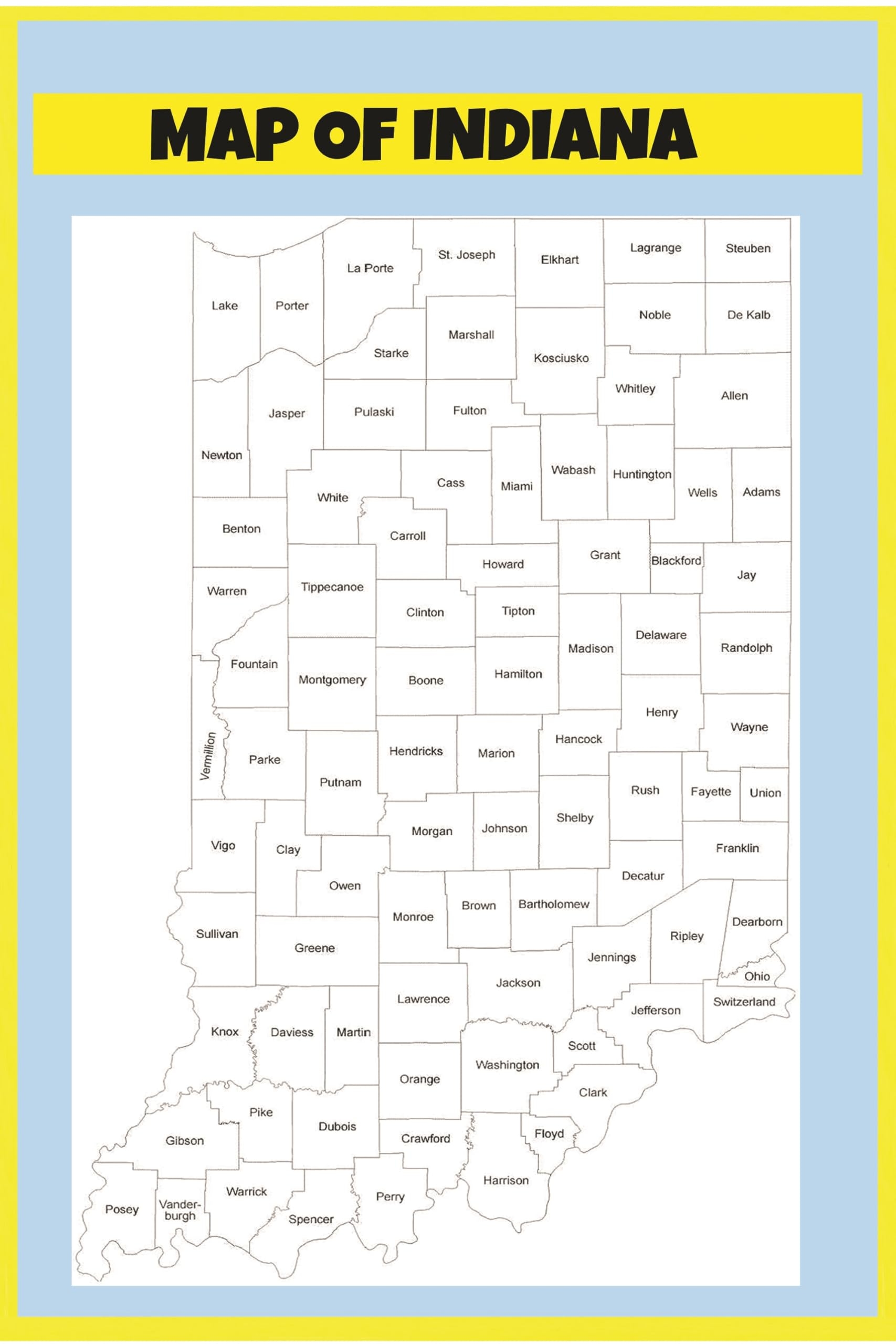 Amazon Home Comforts Indiana County Map With County Names 20 Inch By 30 Inch Laminated Map Poster With Bright Colors And Vivid Imagery Fits 