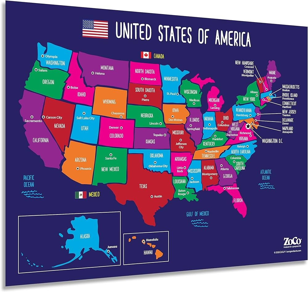 Amazon Map Of USA 50 States With Capitals Poster Laminated Worksheets Library