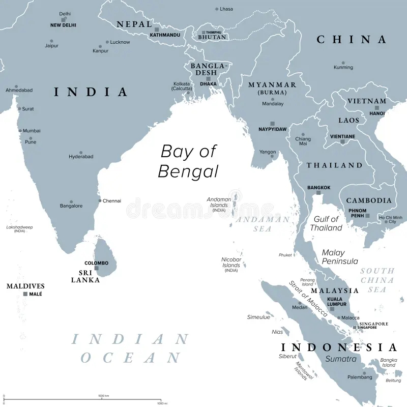 Bay Of Bengal Northeastern Part Of Indian Ocean Gray Political Map Stock Vector Illustration Of Atlas Mapping 332012804
