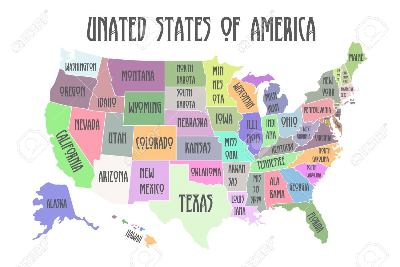 Colored Poster Map Of United States Of America With State Names Black And White Print Map Of USA Royalty Free SVG Cliparts Vectors And Stock Illustration Image 104937617 