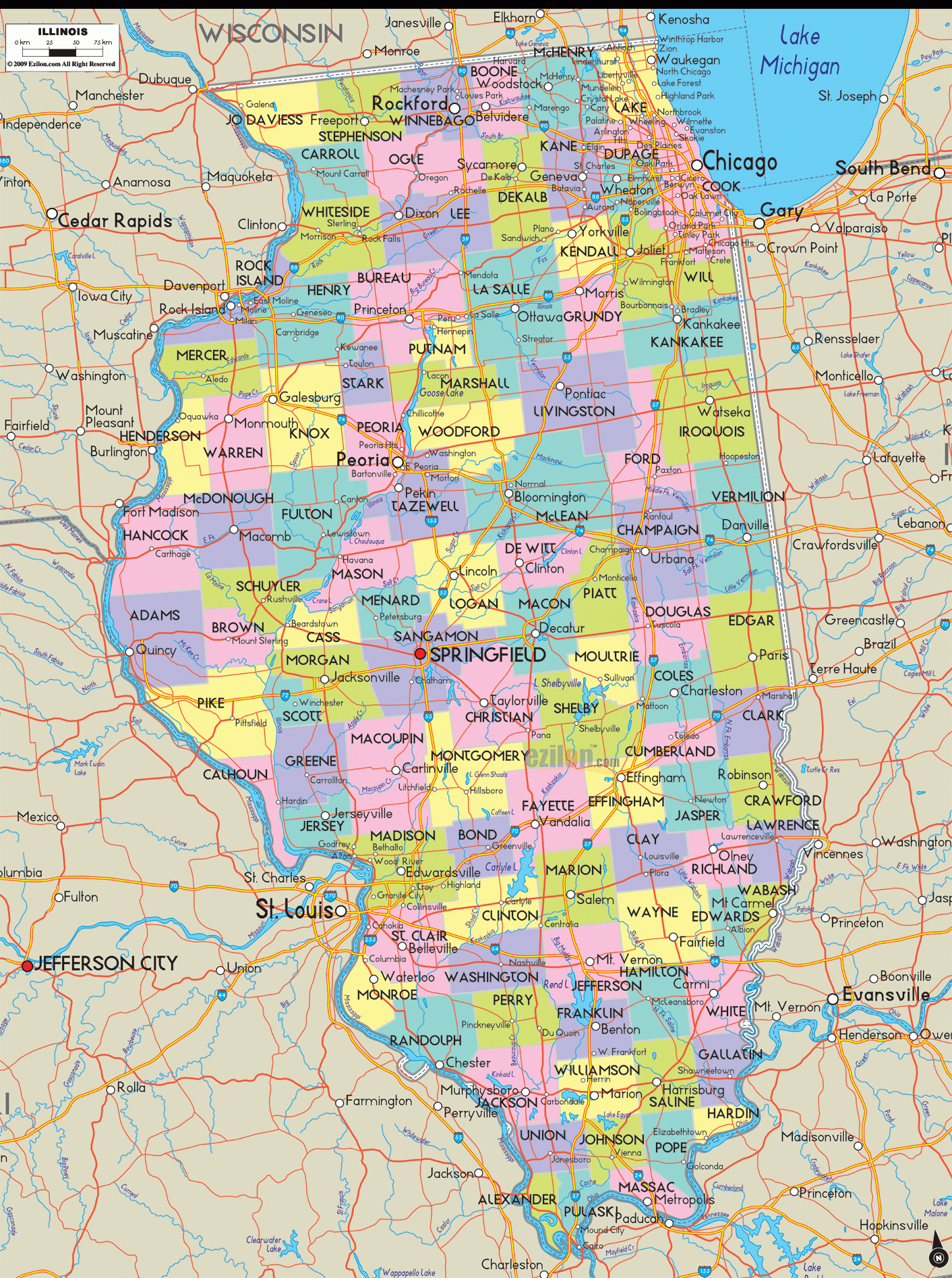 Detailed Map Of Illinois State Ezilon Maps