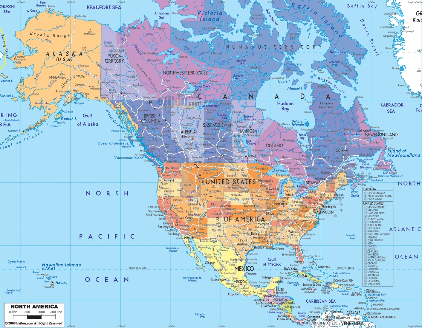 Detailed Political Map Of North America With Roads Vidiani Worksheets Library