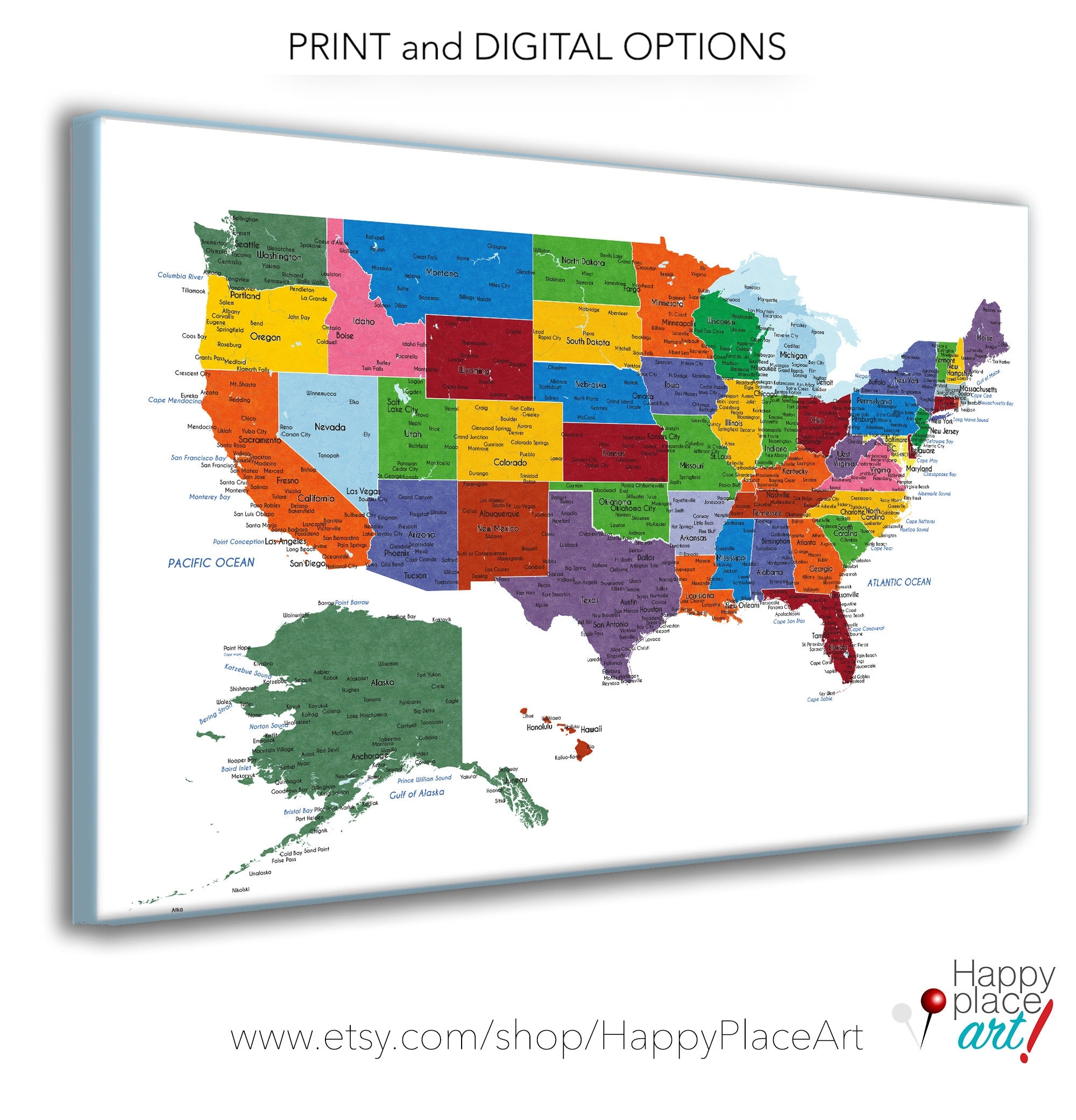 Detailed USA Map With Cities And States Labels US Map Print With City Names And State Names Added Neutral Colors Push Pin Map Idea Etsy Australia