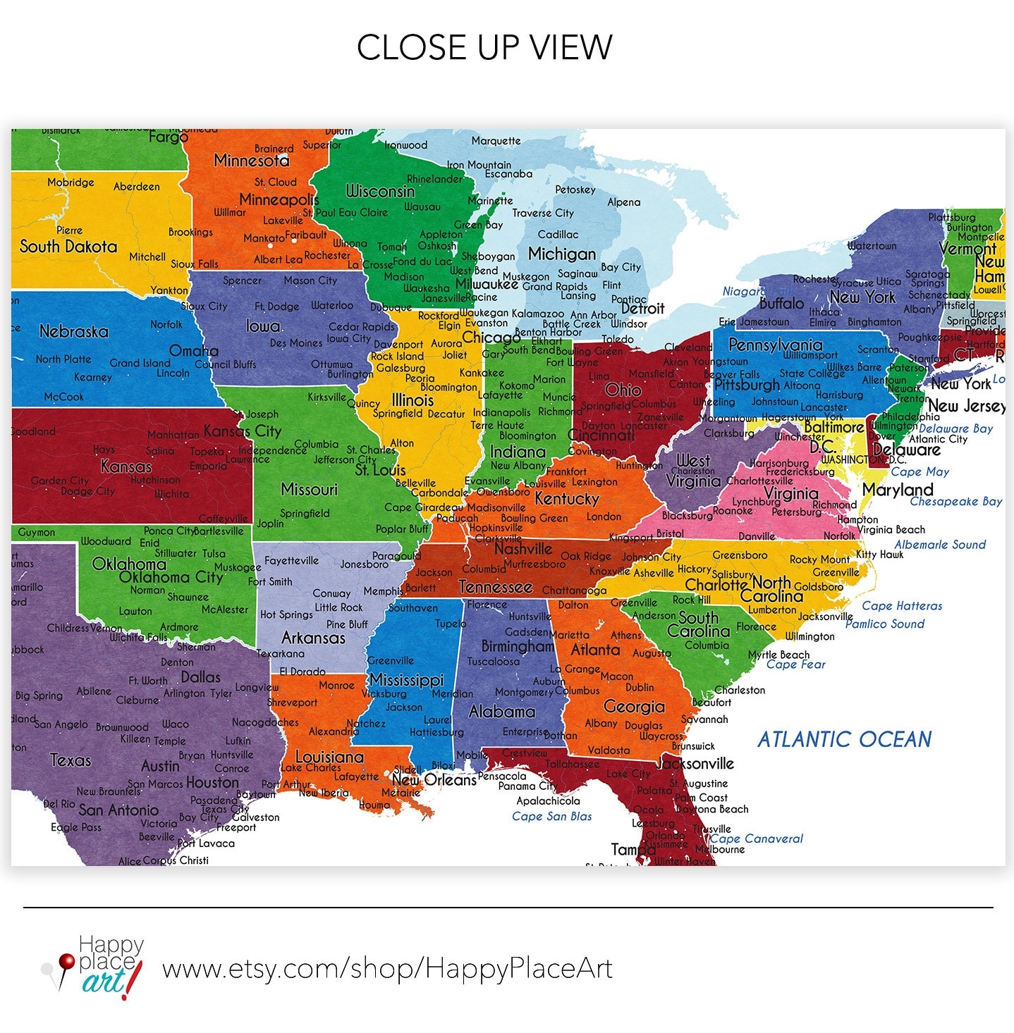 Detailed USA Map With Cities And States Labels US Map Print With City Names And State Names Added Neutral Colors Push Pin Map Idea Etsy