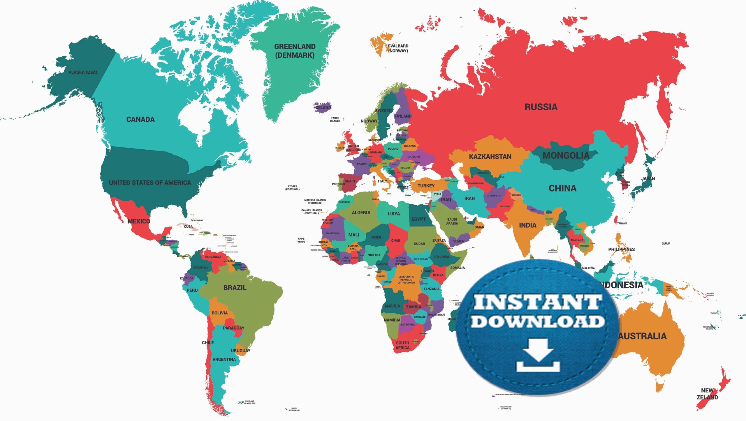 Digital Colorful Political World Map Printable Download World Map Digital Instant Download Map Colorful Countries World Map Etsy Australia