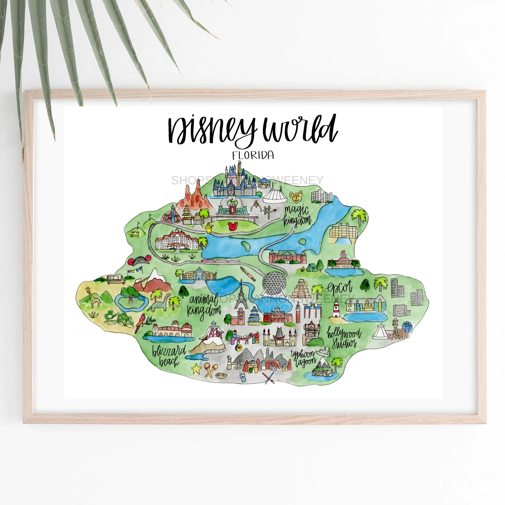 Disney World Watercolor Illustrated Map Print FREE SHIPPING 