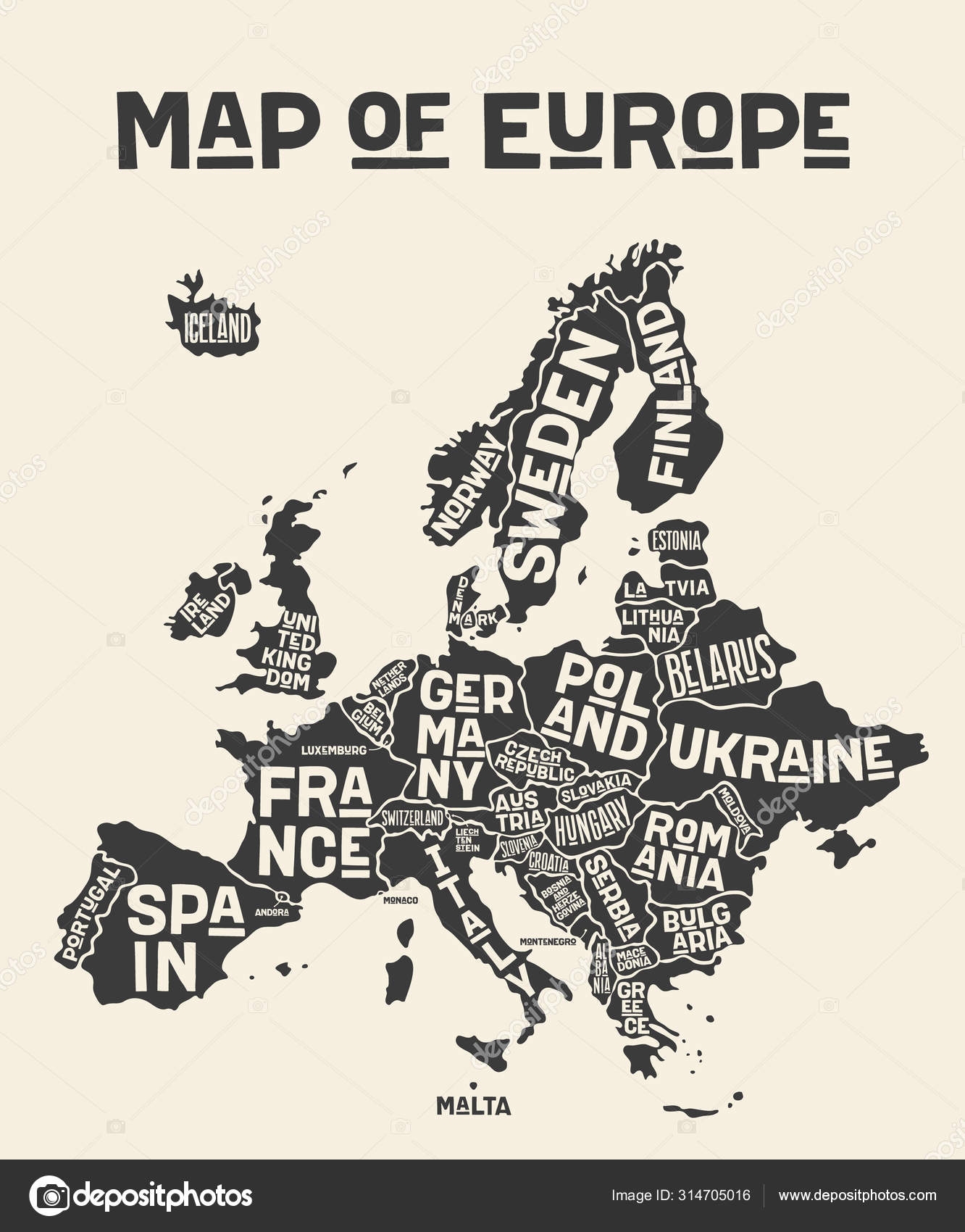 Europe Map Poster Map Europe Country Names Print Map Europe Stock Vector By FoxysGraphic 314705016