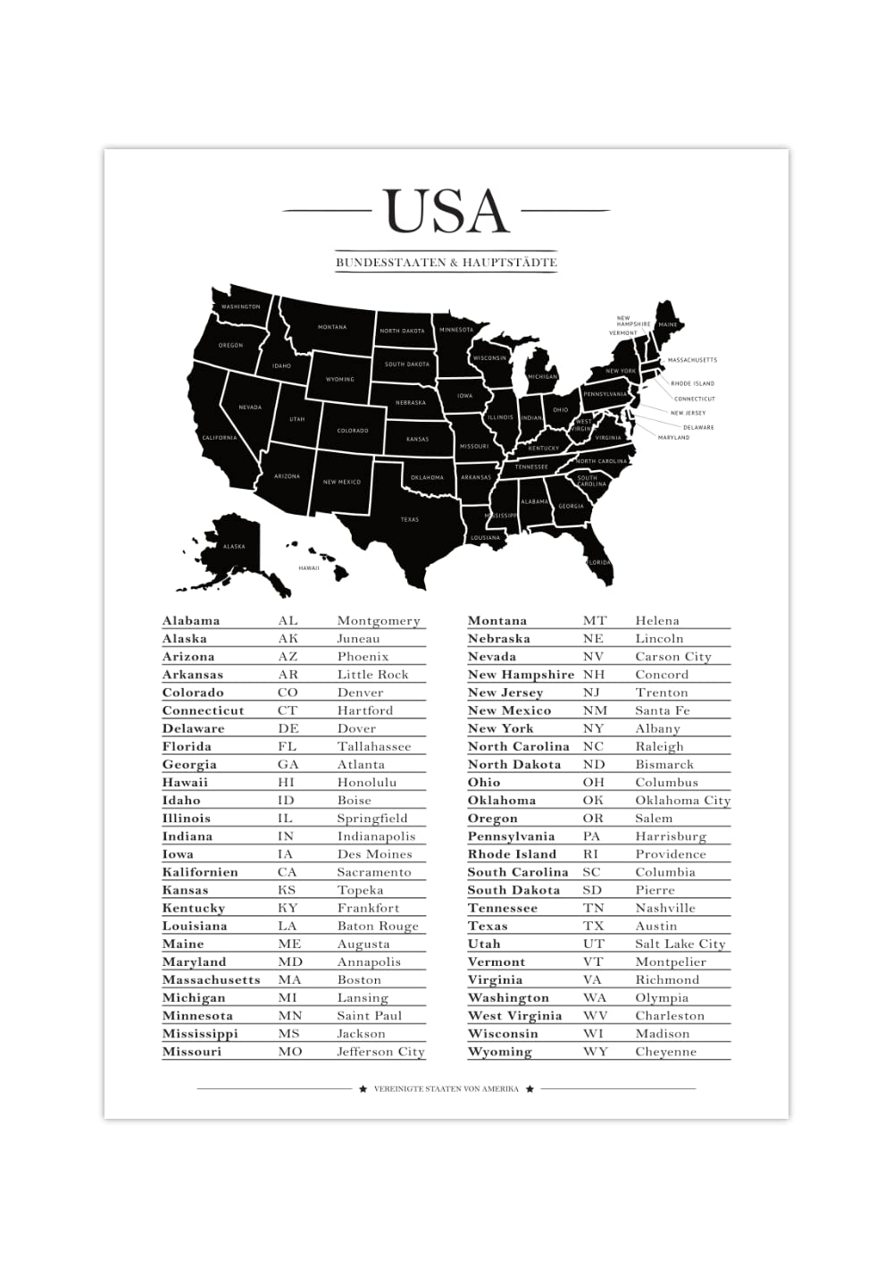 Generisch Poster Map USA States Capitals A3 42 X 29 7 Cm Amazon de Stationery Office Supplies