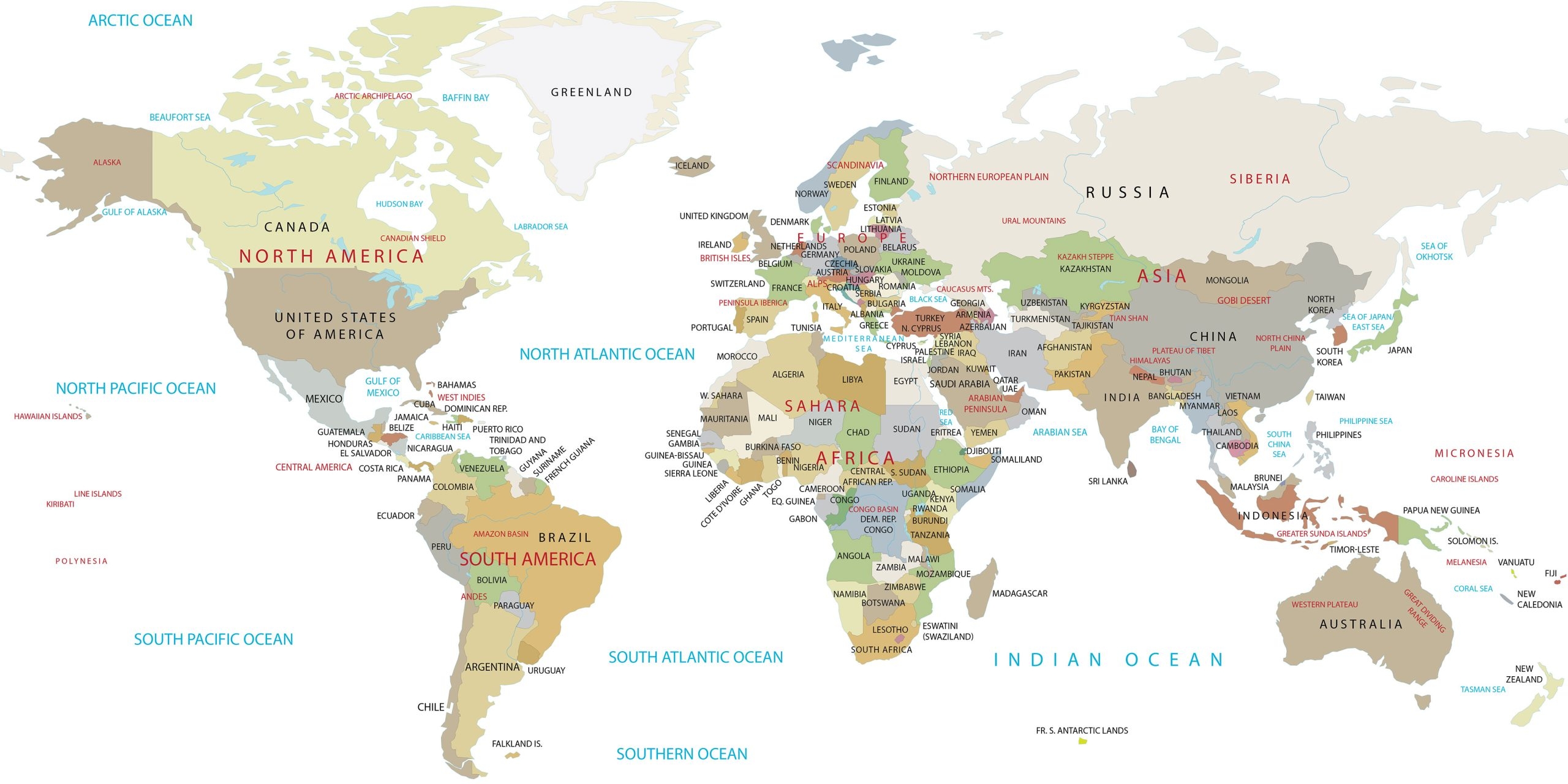 World Map With Countries Printable