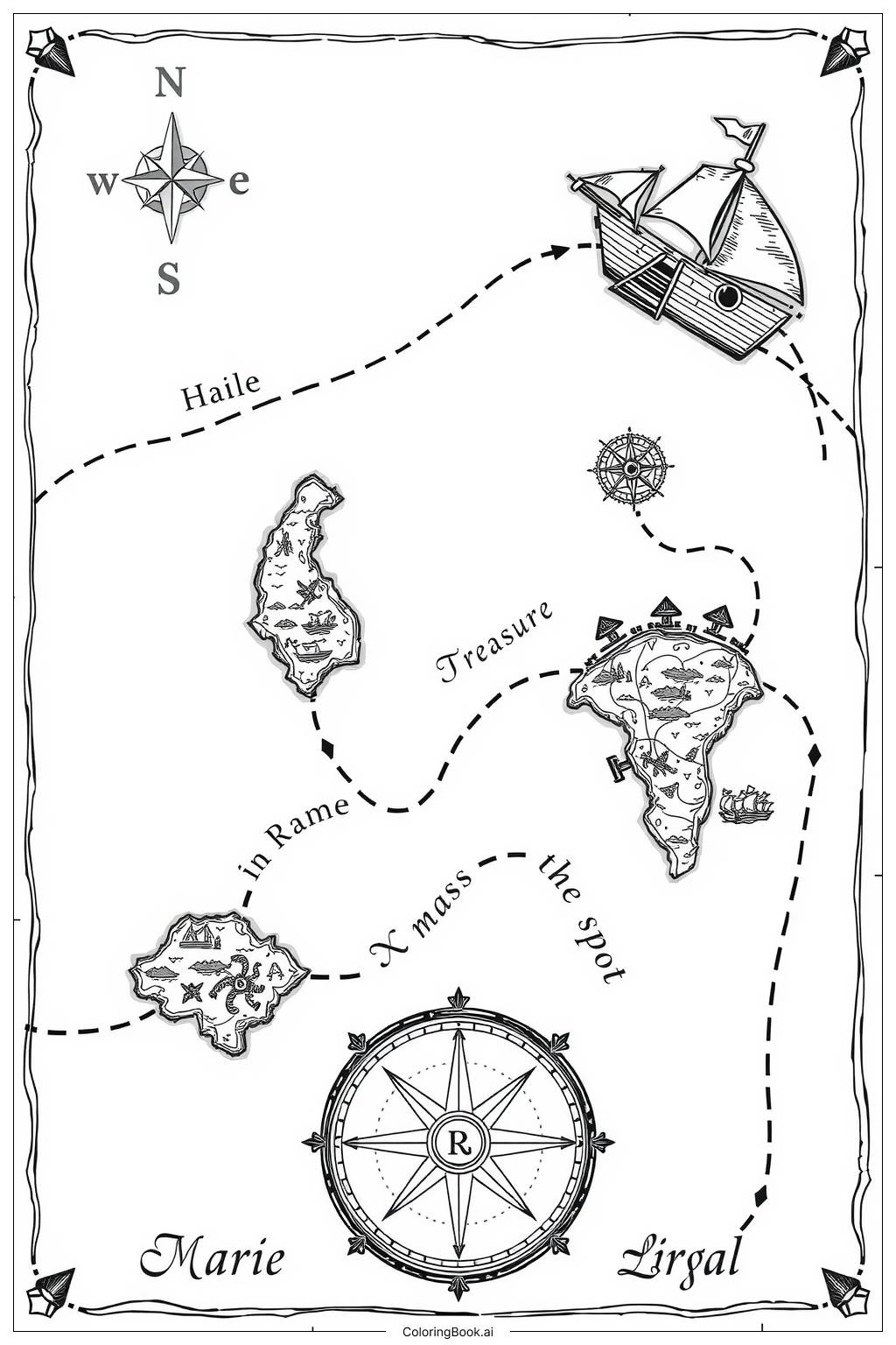 Intricate Pirate Treasure Map With Islands Coloring Page Free PDFu0026PNG Printable 