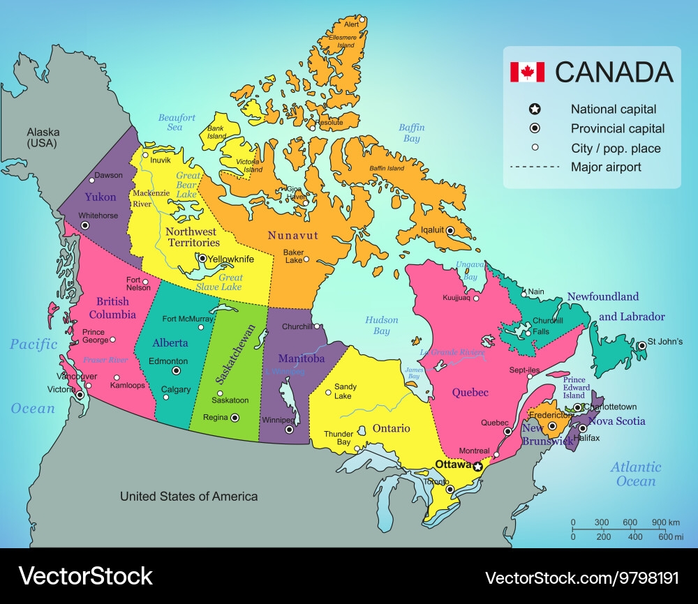 Kanada Karte Mit Provinzen Alle Gebiete Lizenzfreier Vektor