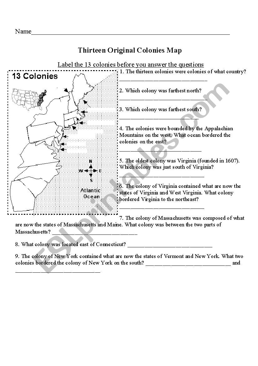 Map Thirteen Colonies Printable