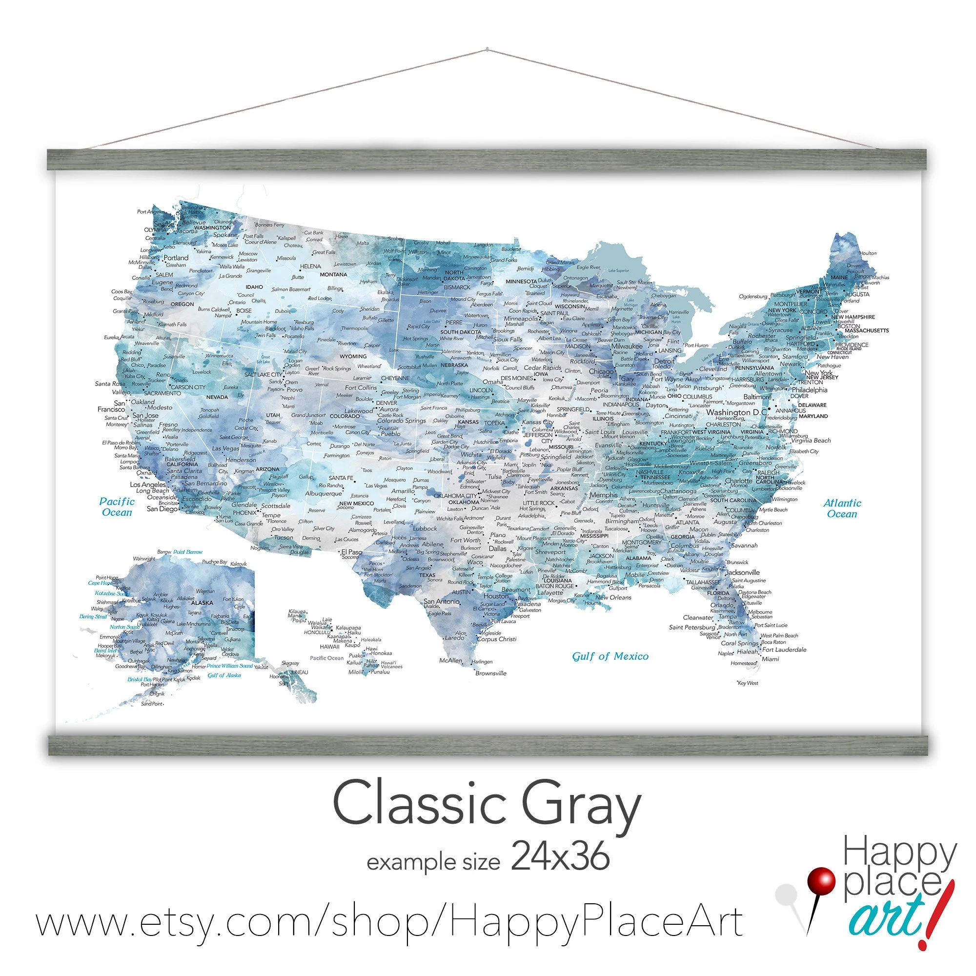 Large USA Map Soft Blue Watercolor United States Map Canvas Map Print Of USA Wall Map Wood Frame Road Trip States And Detailed Cities