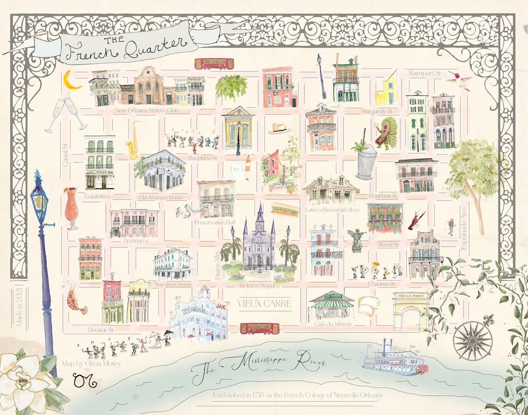 Magical Watercolor Map Of The French Quarter Gicl e Print New Orleans Map Etsy