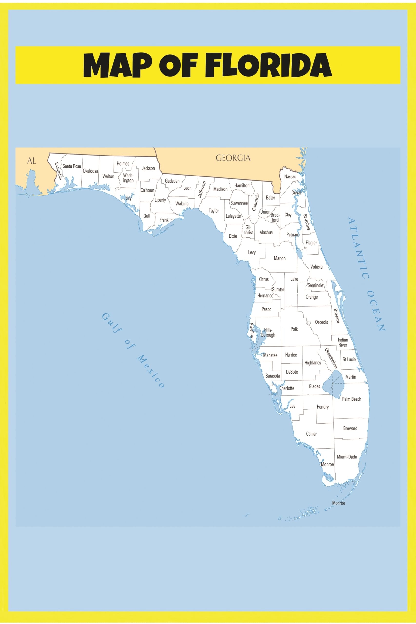 Map Of Florida Laminated Wall Map Poster Print Perfect For Classrooms And Homes Vivid Imagery With Bright Colors