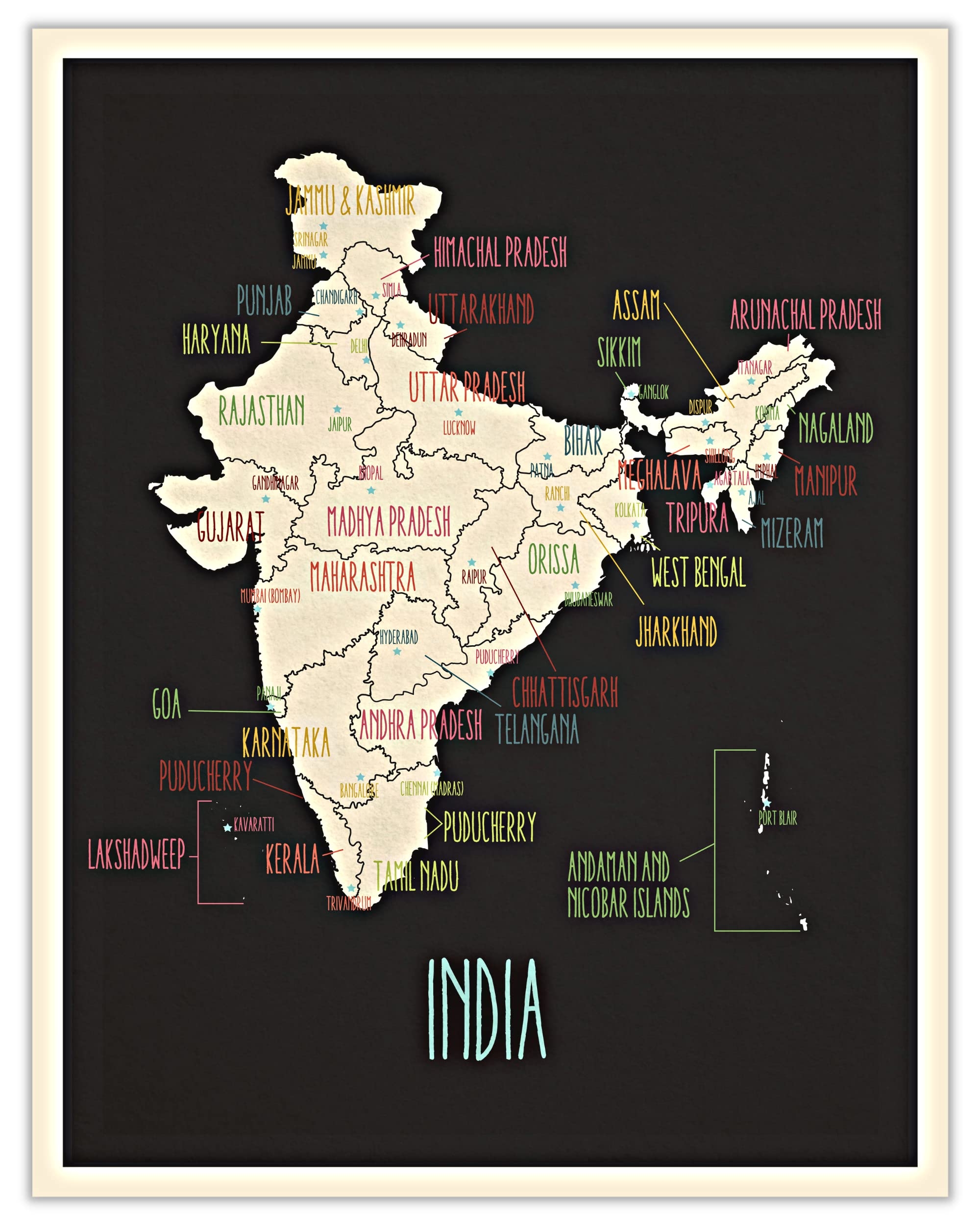 Map Of India India Wall Map Art Poster 11 X 14 Black Map Art Of India Print For Travelers Children Wall Decor Classrooms Playrooms Or Nursery Amazon in Office Products