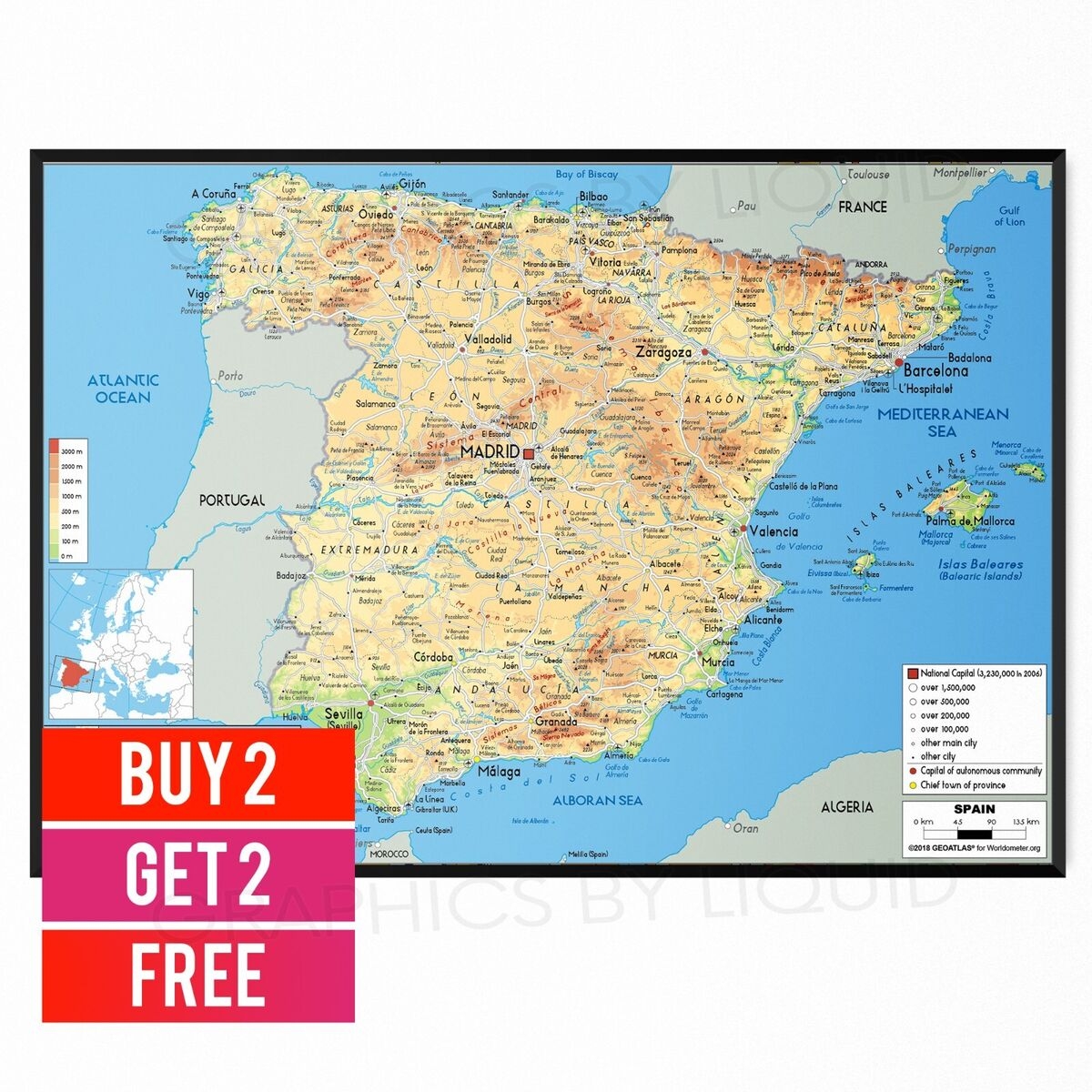 Map Of Spain Portugal Showing Major Citys And Towns Poster A5 A4 A3 EBay