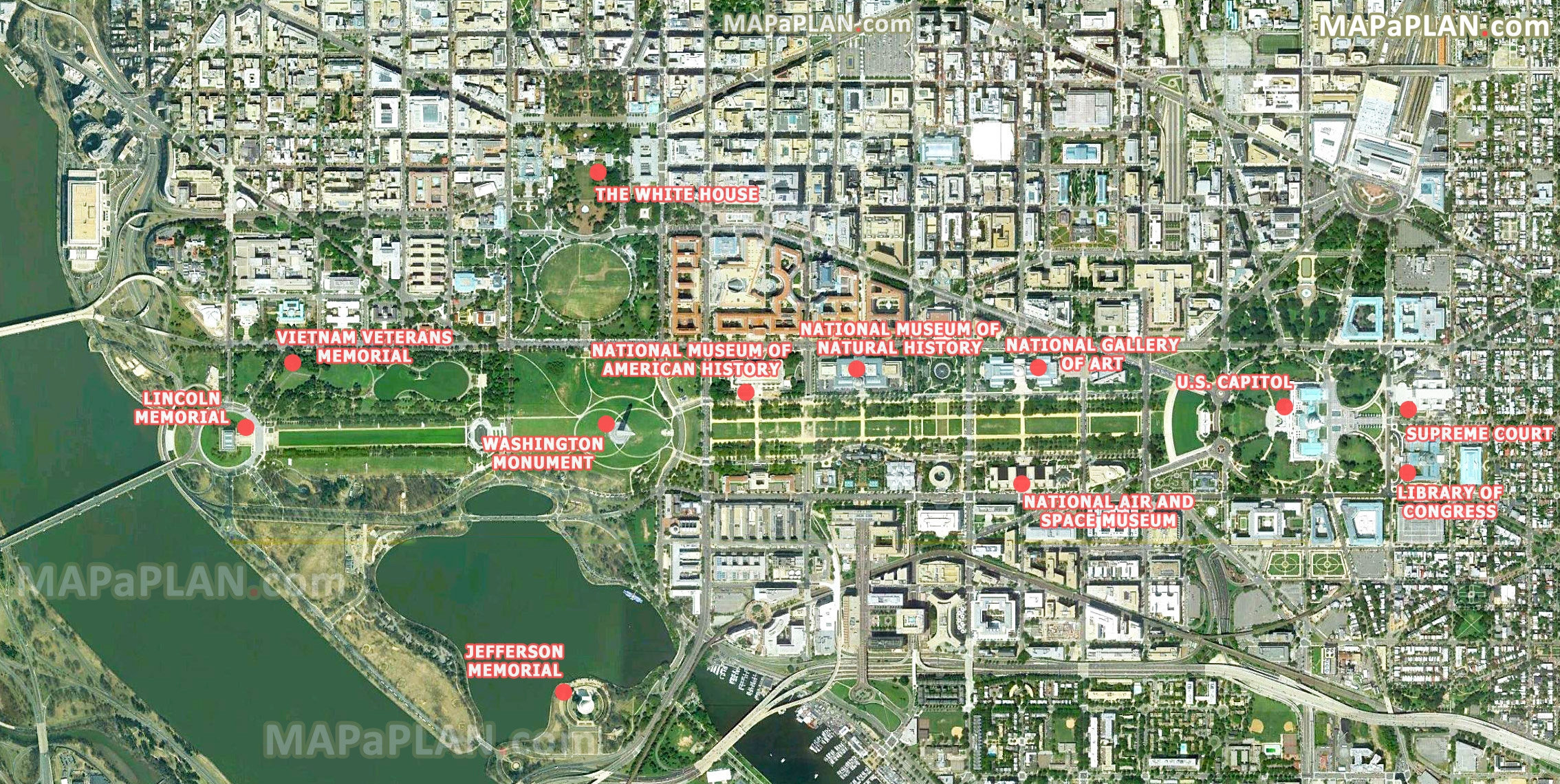 Map Of Washington DC Tourist Attractions Satellite Image Of A Walking Trail Route With Best Points Of Interest Including Washington Monument White House US Capitol