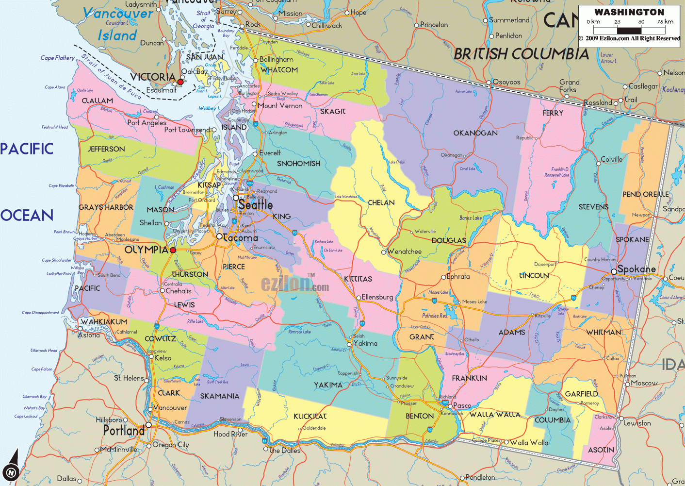 Map Of Washington State USA Ezilon Maps