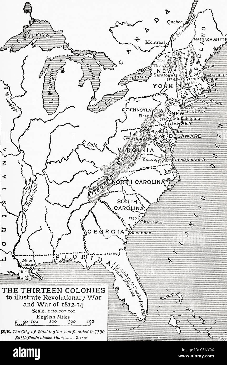 Map Showing The Thirteen Colonies To Illustrate The Revolutionary War And War Of 1812 14 Stock Photo Alamy
