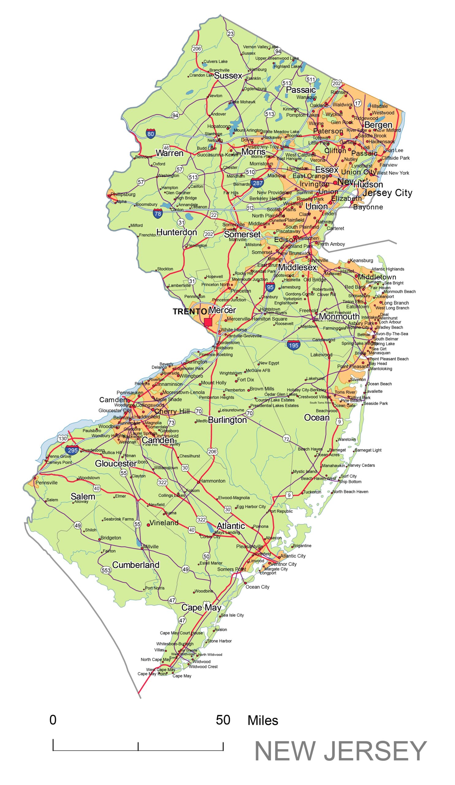 New Jersey State Vector Road Map Printable Vector Maps