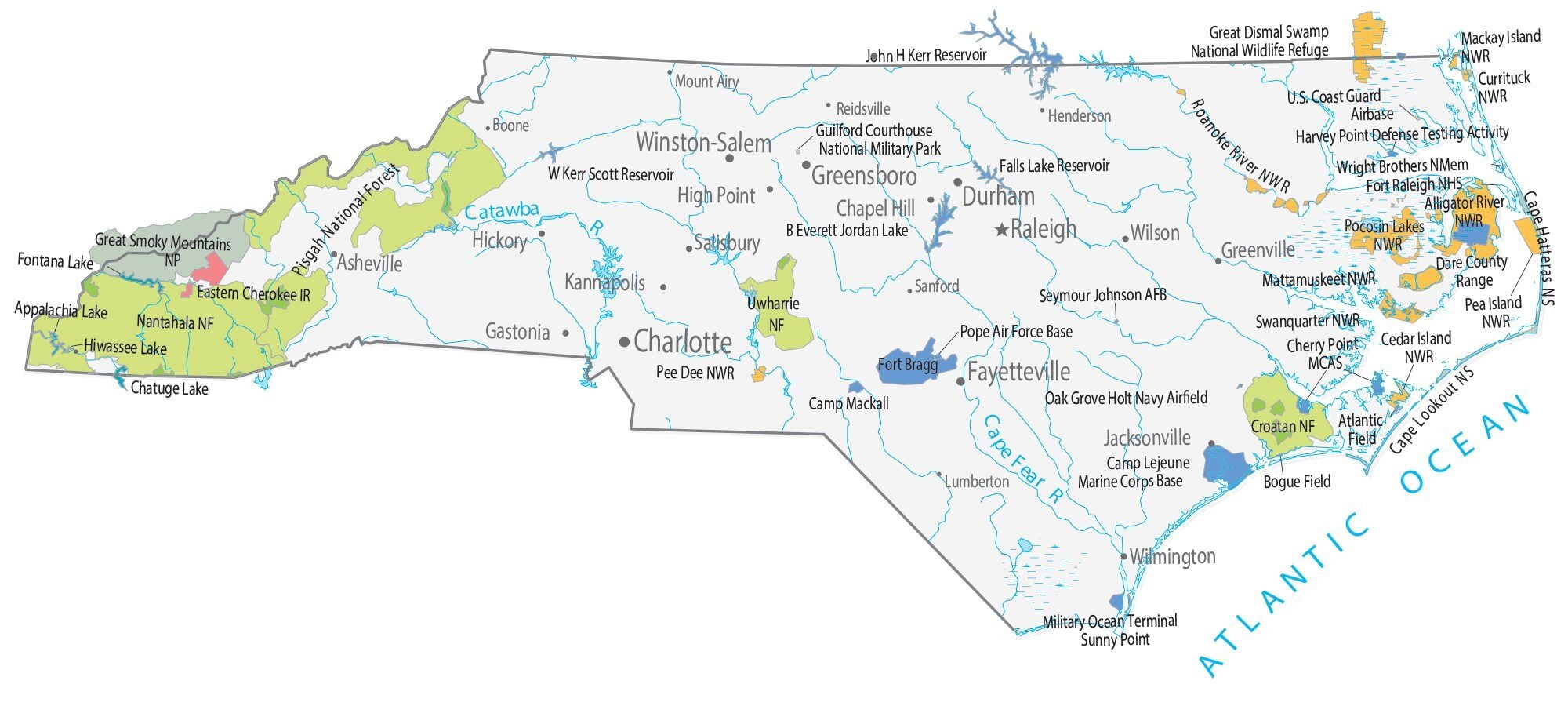 North Carolina State Map Places And Landmarks GIS Geography