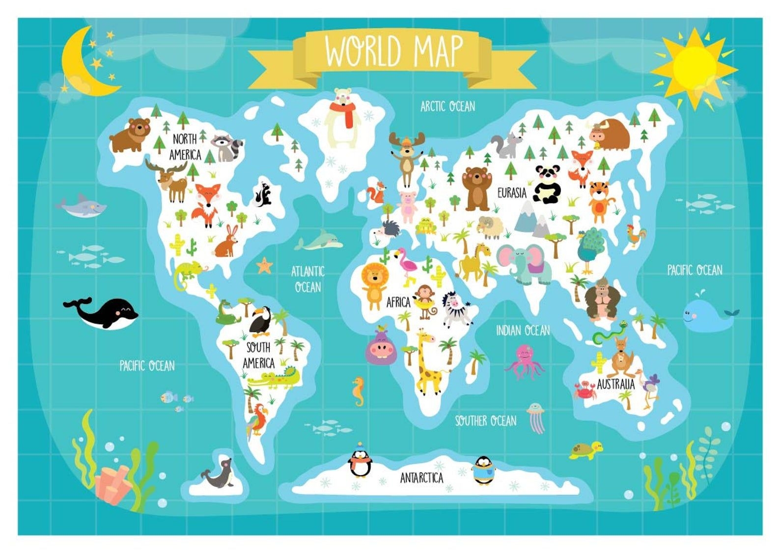 Nursery Printable Animal World Map Kids World Map Poster Worksheets Library
