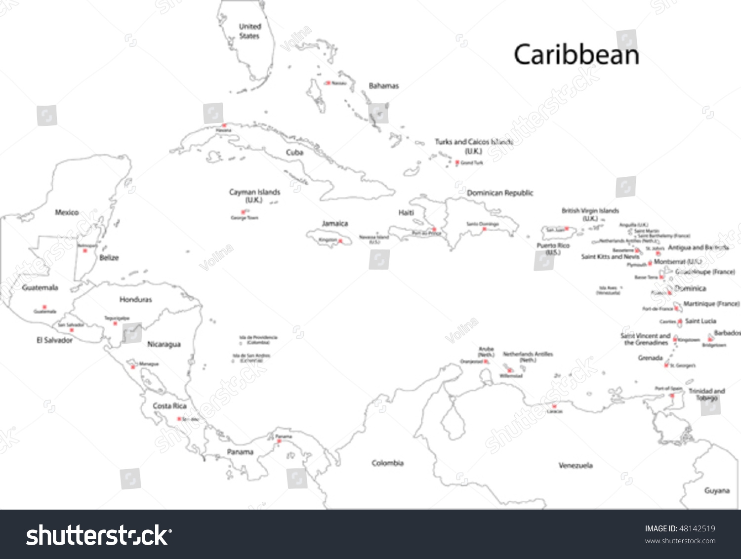 Outline Caribbean Map Countries Capital Cities Stock Vector Royalty Free 48142519 Shutterstock