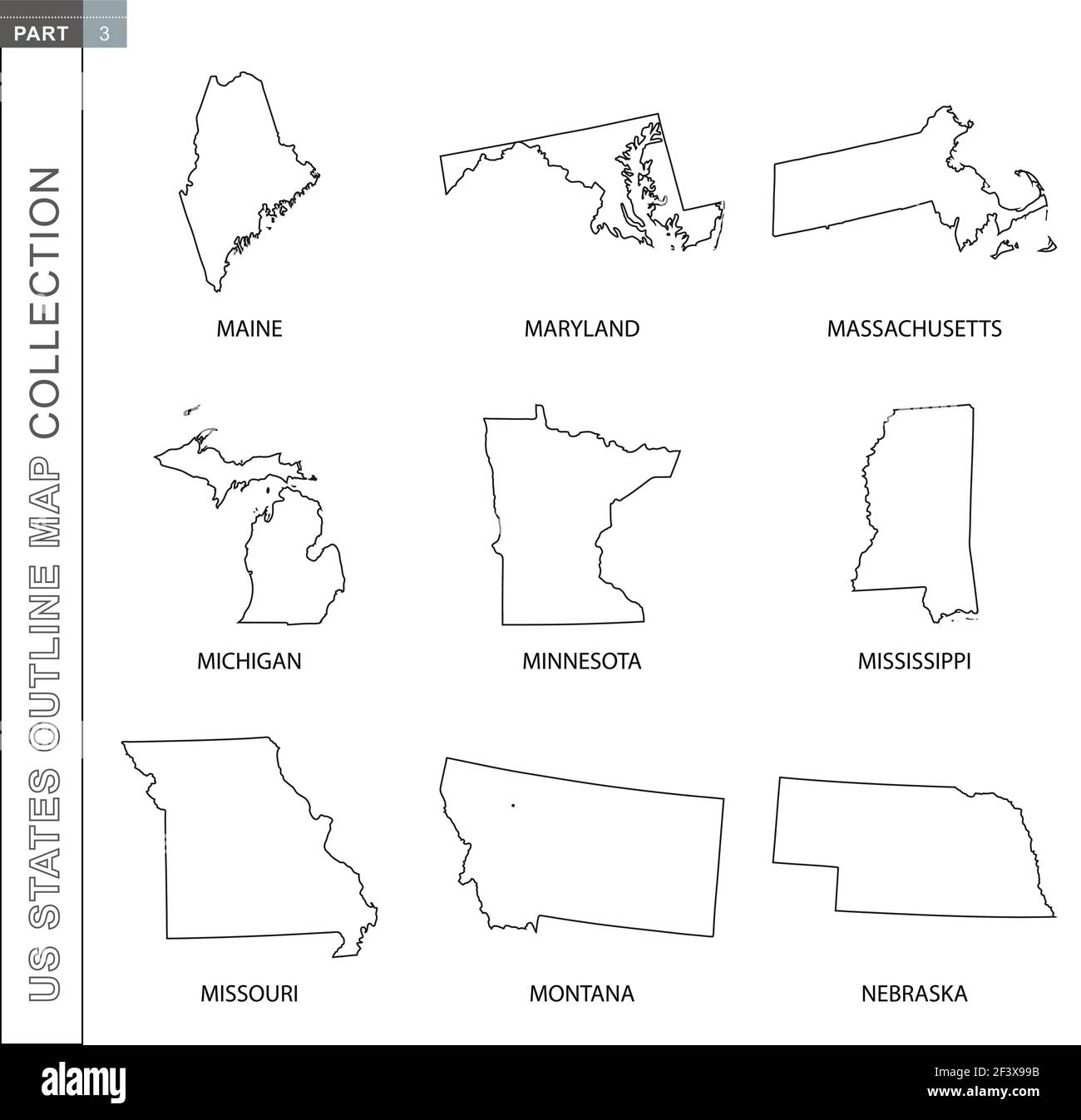 Outline Maps Of US States Collection Nine Black Lined Vector Map Of Maine Maryland Massachusetts Michigan Minnesota Mississippi Missouri Monta Stock Vector Image Art Alamy