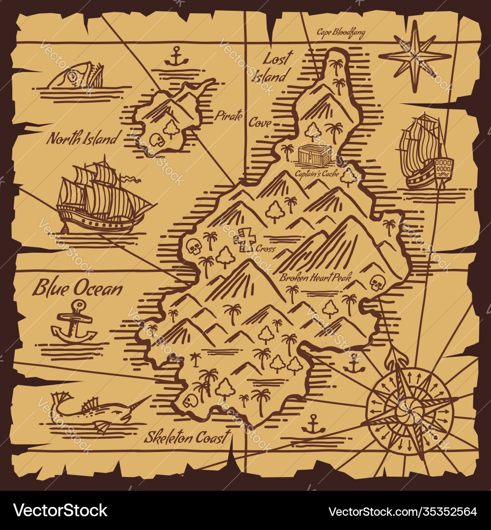 Pirate Treasure Map Old Scroll Sketch Royalty Free Vector